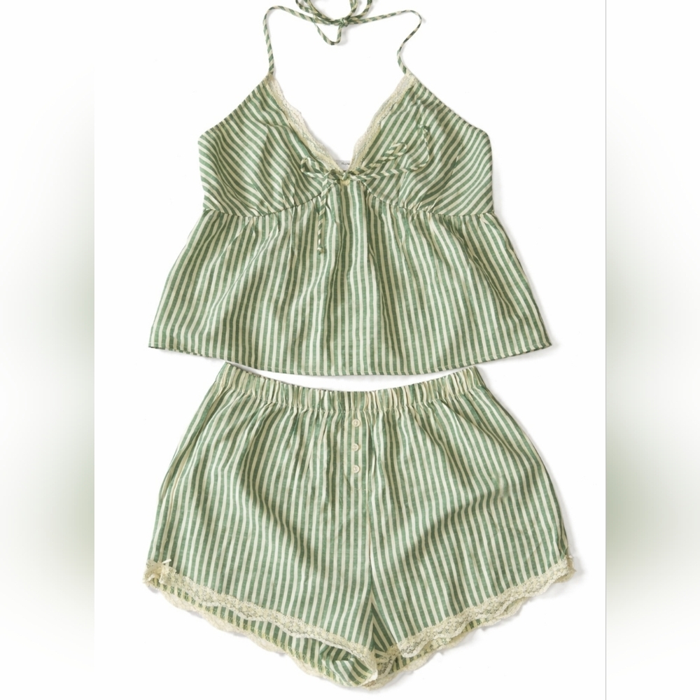 ​KIRIOUS Green & White Striped Halter Lace PJ Shorts Set Sz M 🌿 NEW Cottagecore